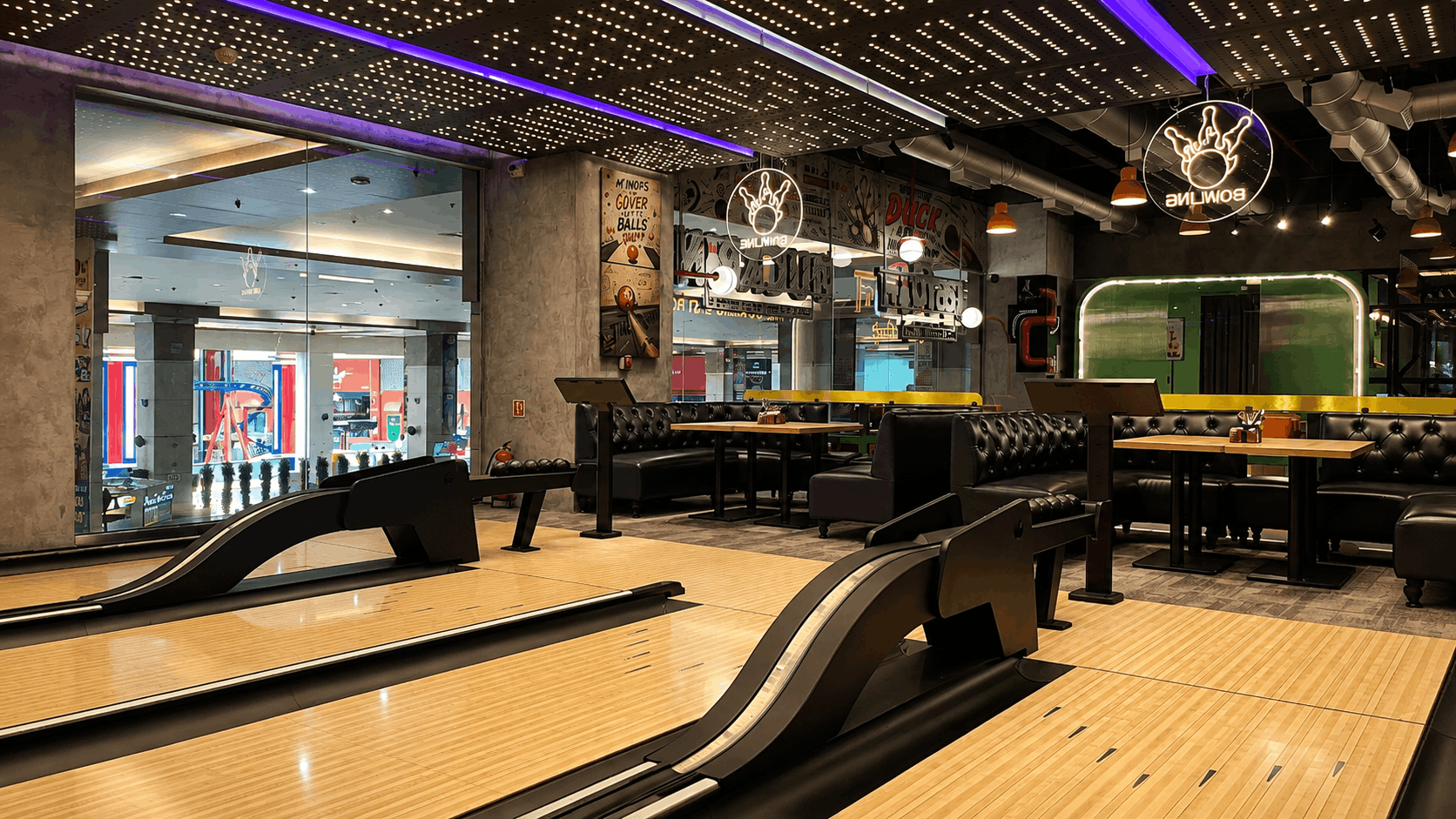 Bowling Lanes & Neon-Lit Booth Seating